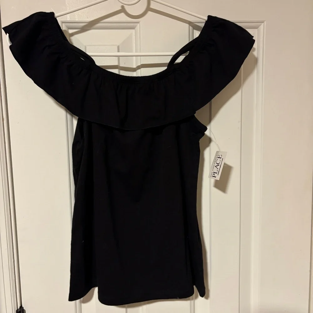NWT The Children’s Place girl’s black draped shoulder top 10/12